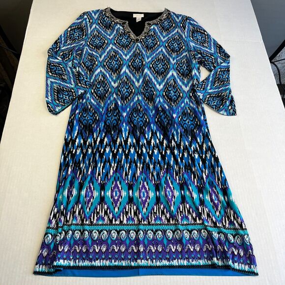 Chicos Studded V-Neck Shift Dress Ikat Knee Length 3/4 Sleeve Stretch 2 LARGE - Picture 1 of 10